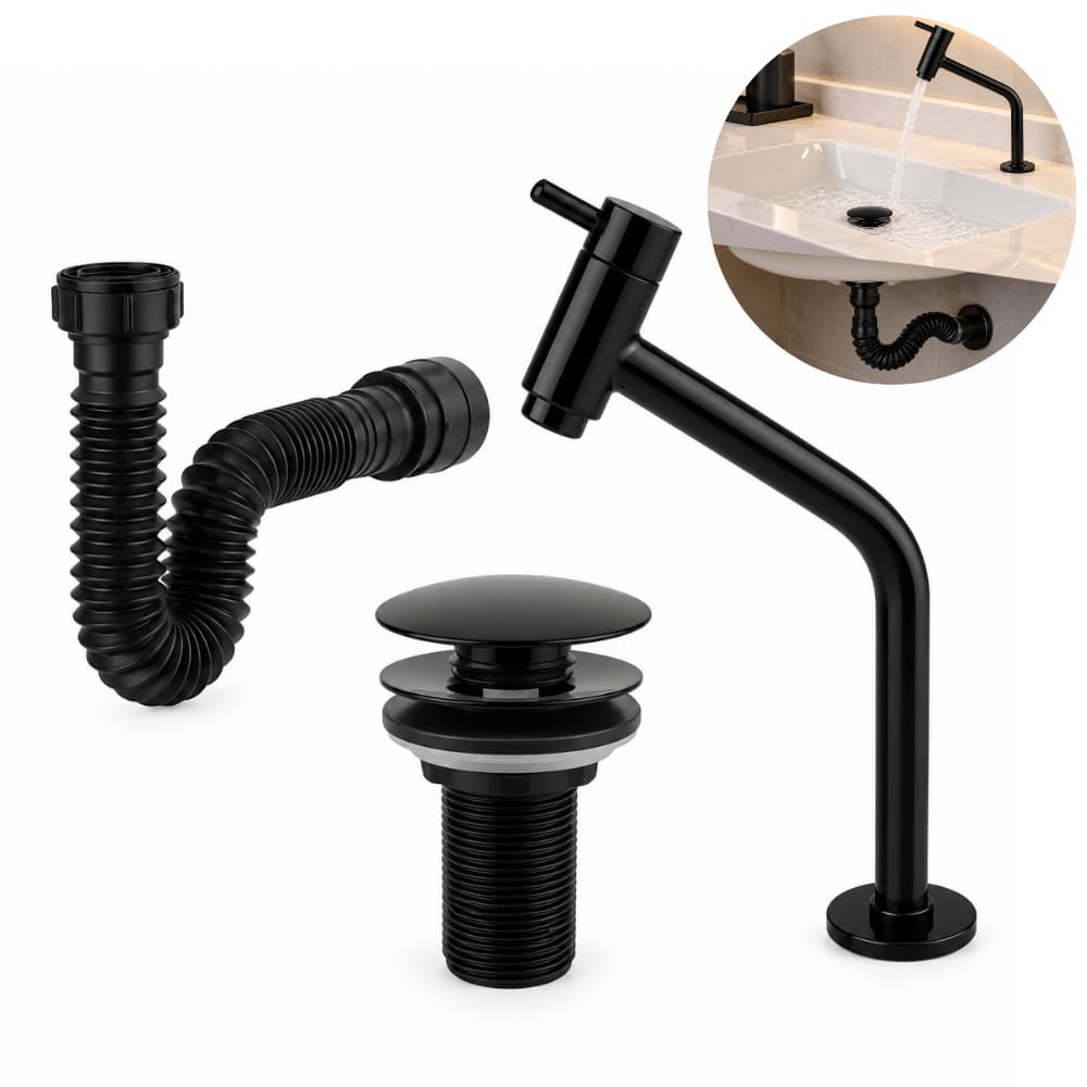 Kit Completo Banheiro Torneira Link Preta Bancada Válvula Click 7/8 Sifão Preto