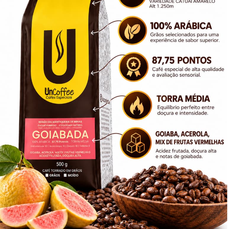 Café Especial UnCoffee perfil Frutado Goiabada Torrado em Grãos 250g ou 500g