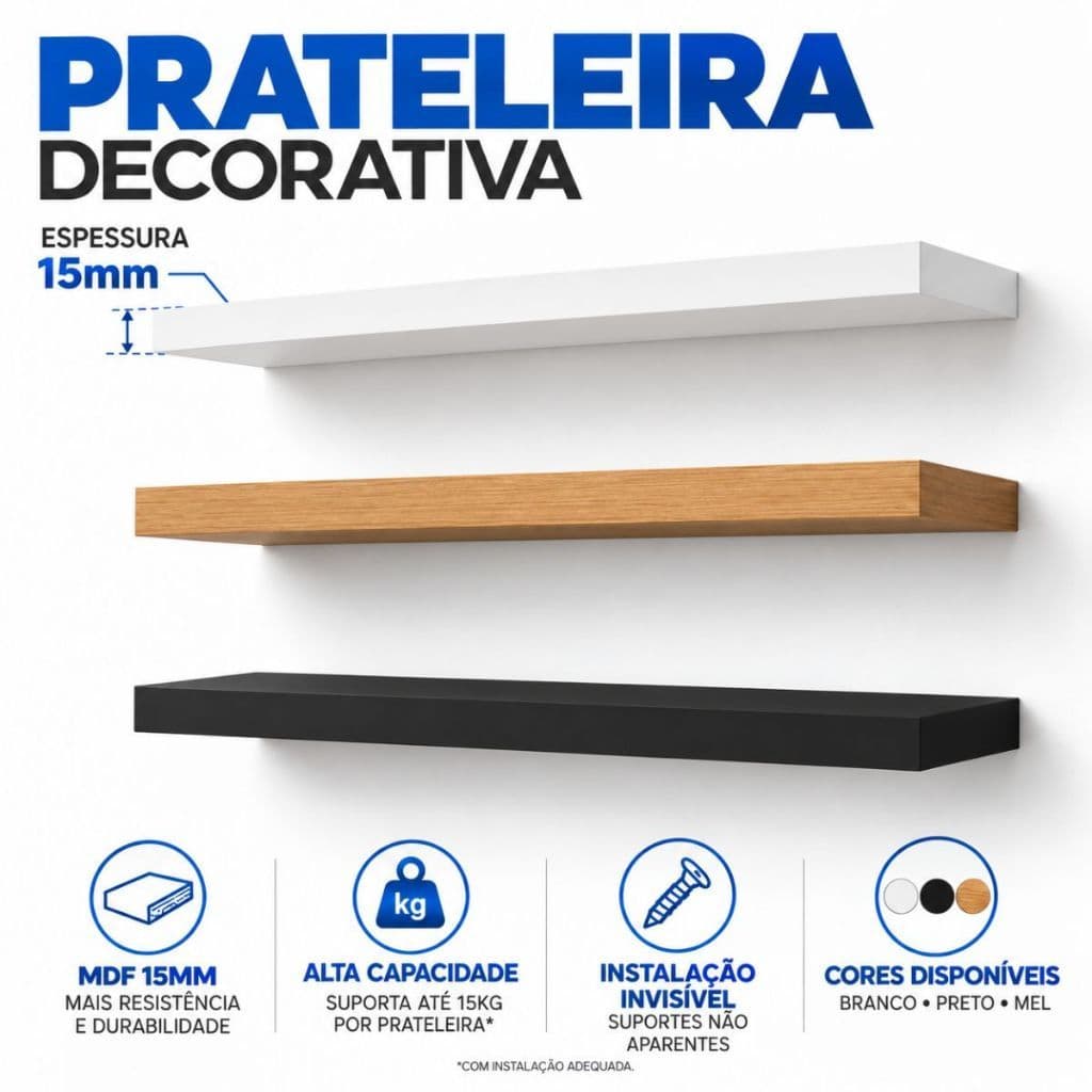 Kit 3 Prateleiras 40x10 Parede Suporte Invisível Flutuante