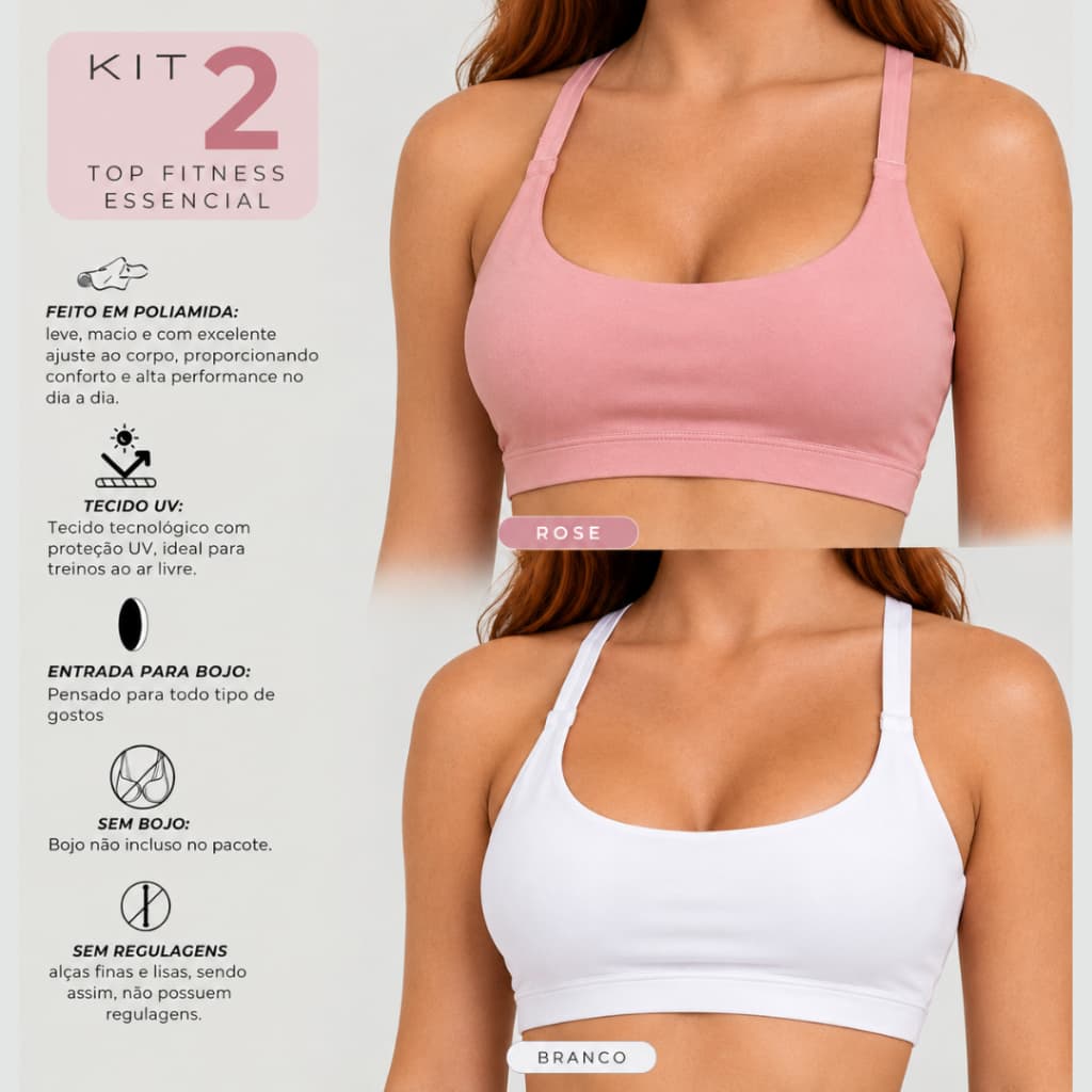 kit 2 Top Fitness Academia SEM BOJO Liso Roupa de Treino Feminina Sutiã Esportivo