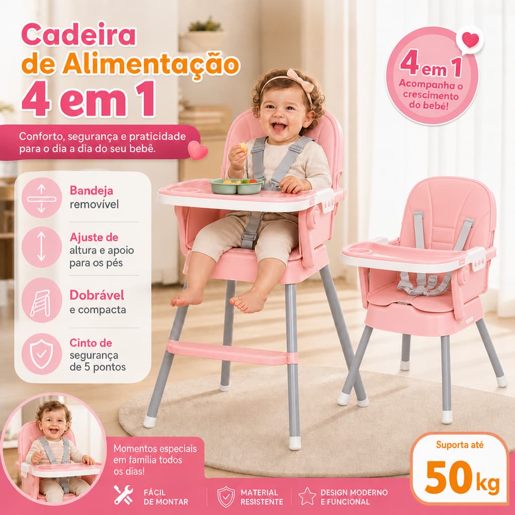 Cadeira de Alimentação Bebê Portátil com Reclinação e Bandeja Dupla Suporta até 50kg Segura e Confortável CY01