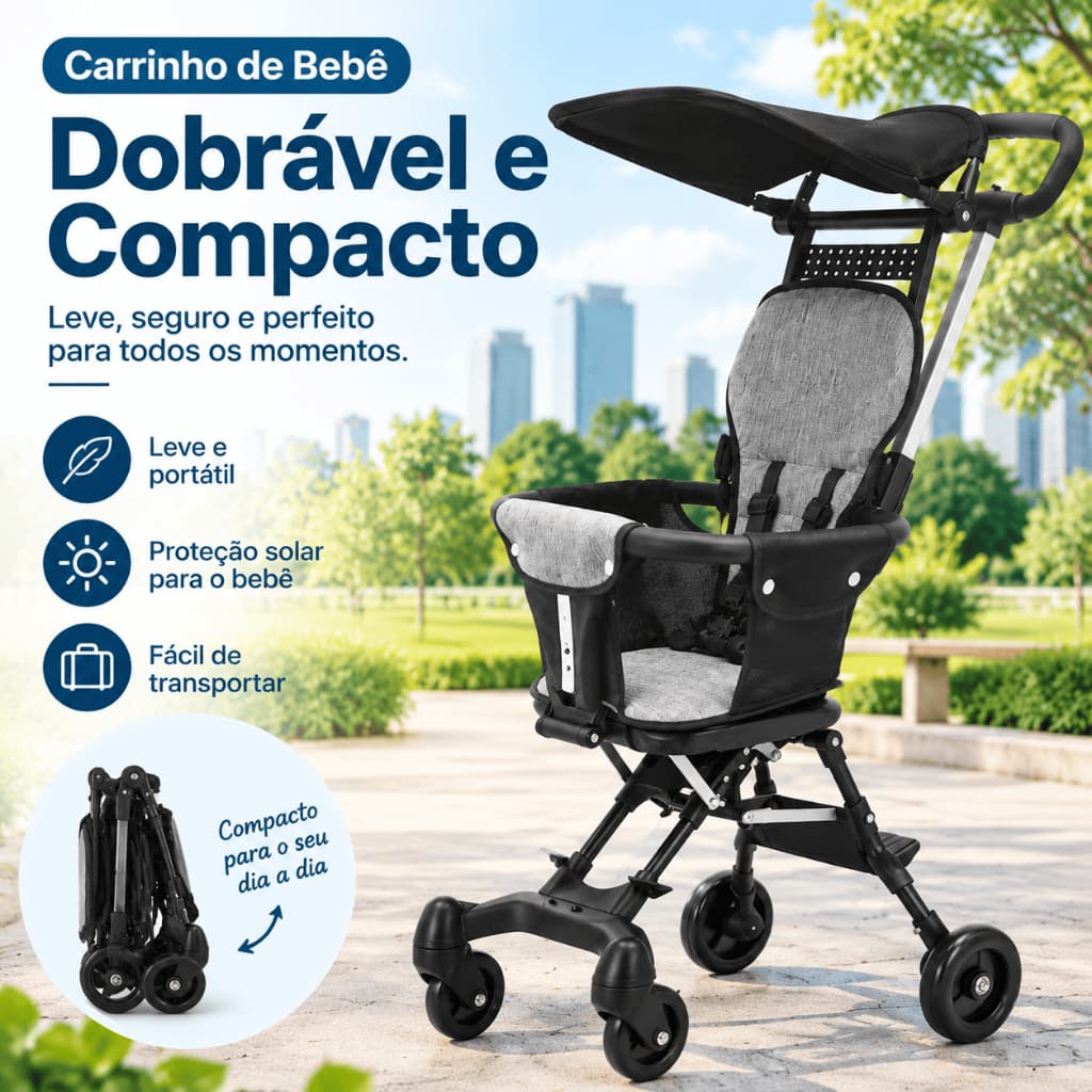 Carrinho de Bebê Passeio Compacto Dobrável Leve Confortável com Capota Grande Infantil 0-36 Meses