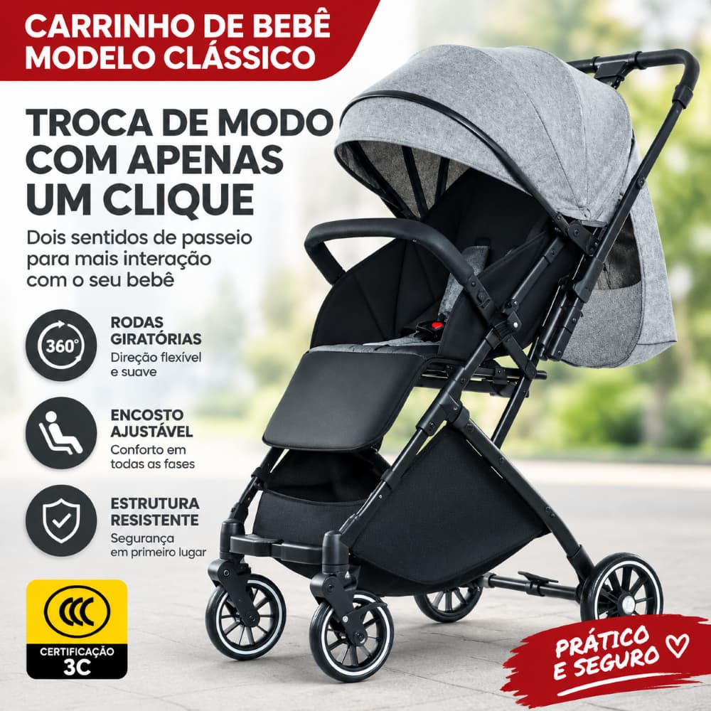 Carrinho de Bebê Cinza Dobrável com Capota UV, Reversível, Rodas 360° e Encosto Ajustável para Bebês