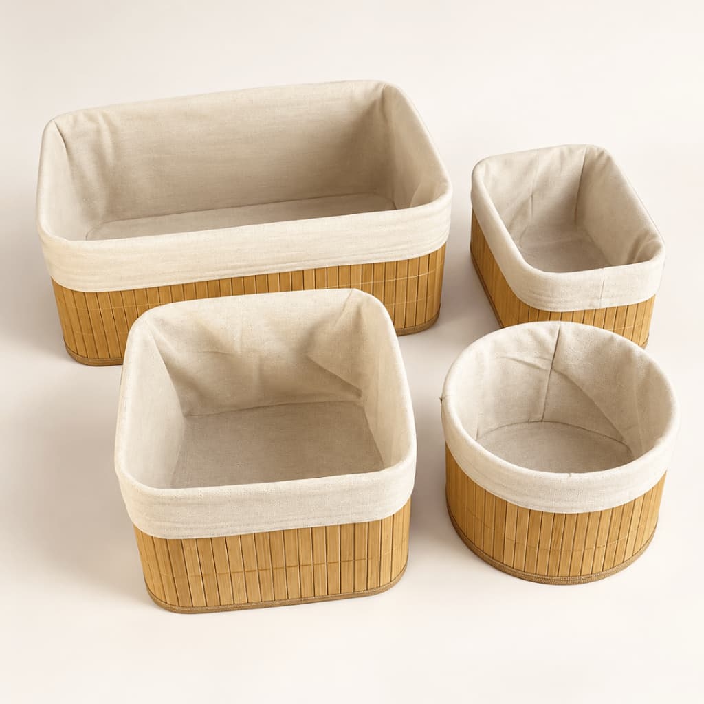 Kit 4 Cestos  em Bambu Organizadores com Forro Banheiro Closet Lavanderia Clinicas P M G