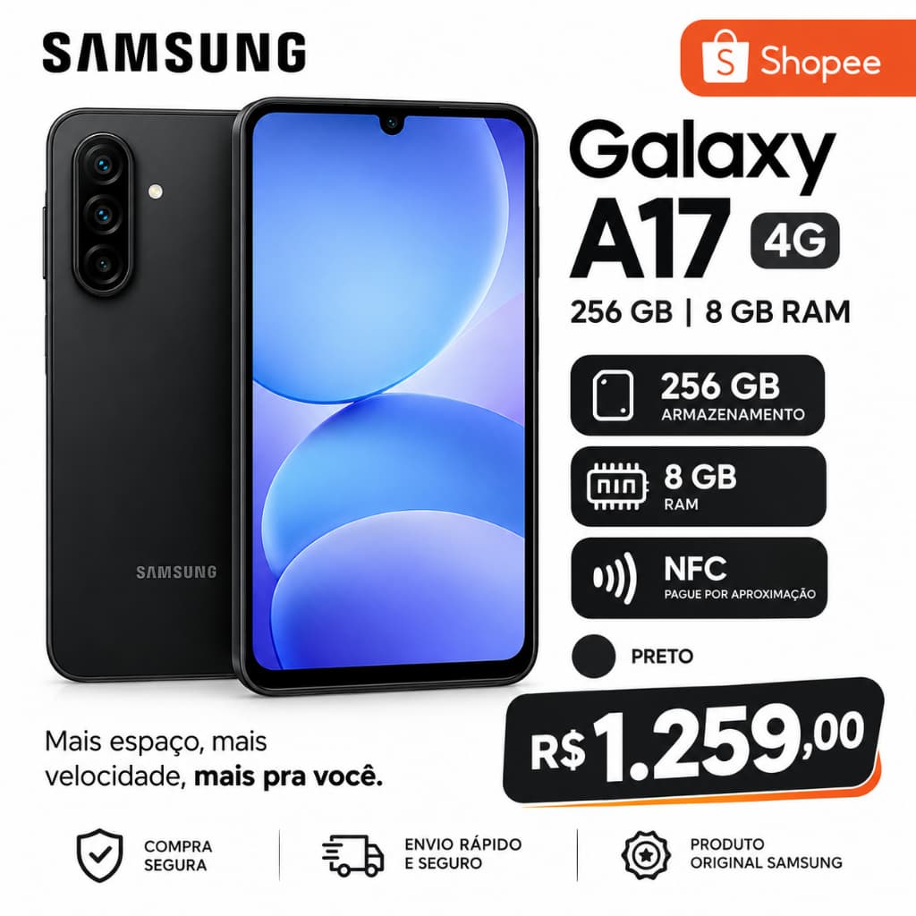 Celular Samsung Galaxy A17 4G 256GB 8GB RAM Preto NFC Original Novo