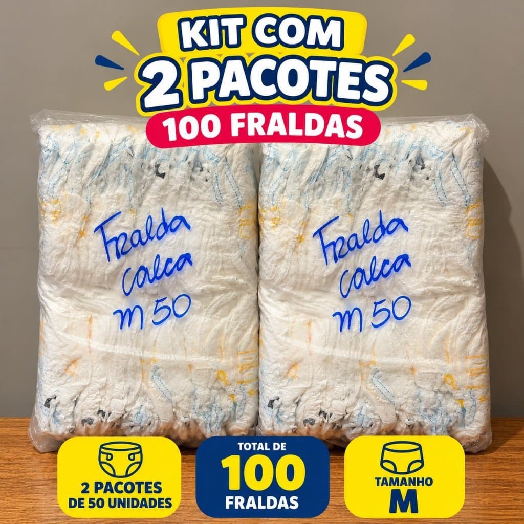 Kit 100 Fraldas Calça Infantil Descartável Tamanho M – 2 Pacotões com 50 Unidades Cada