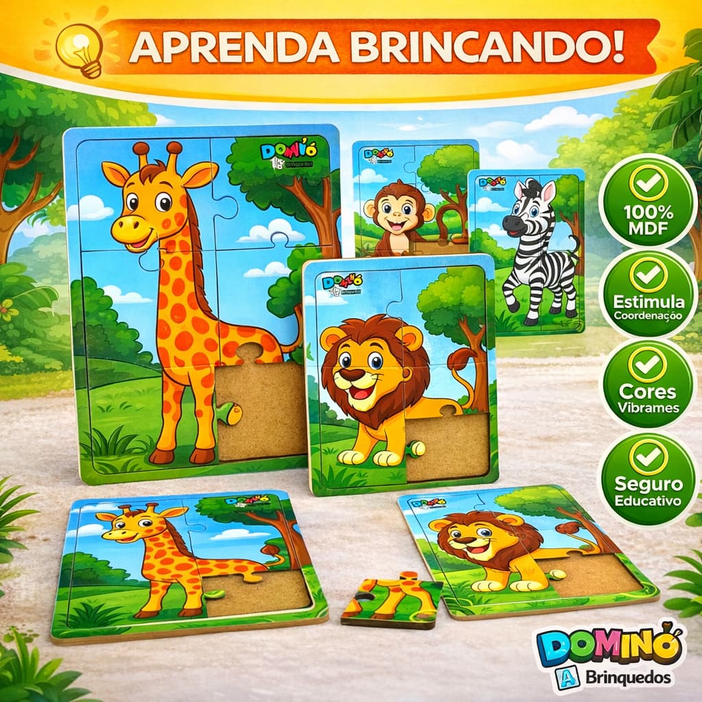 Kit 4 Quebra Cabeças Animais Floresta Madeira 6 peças
