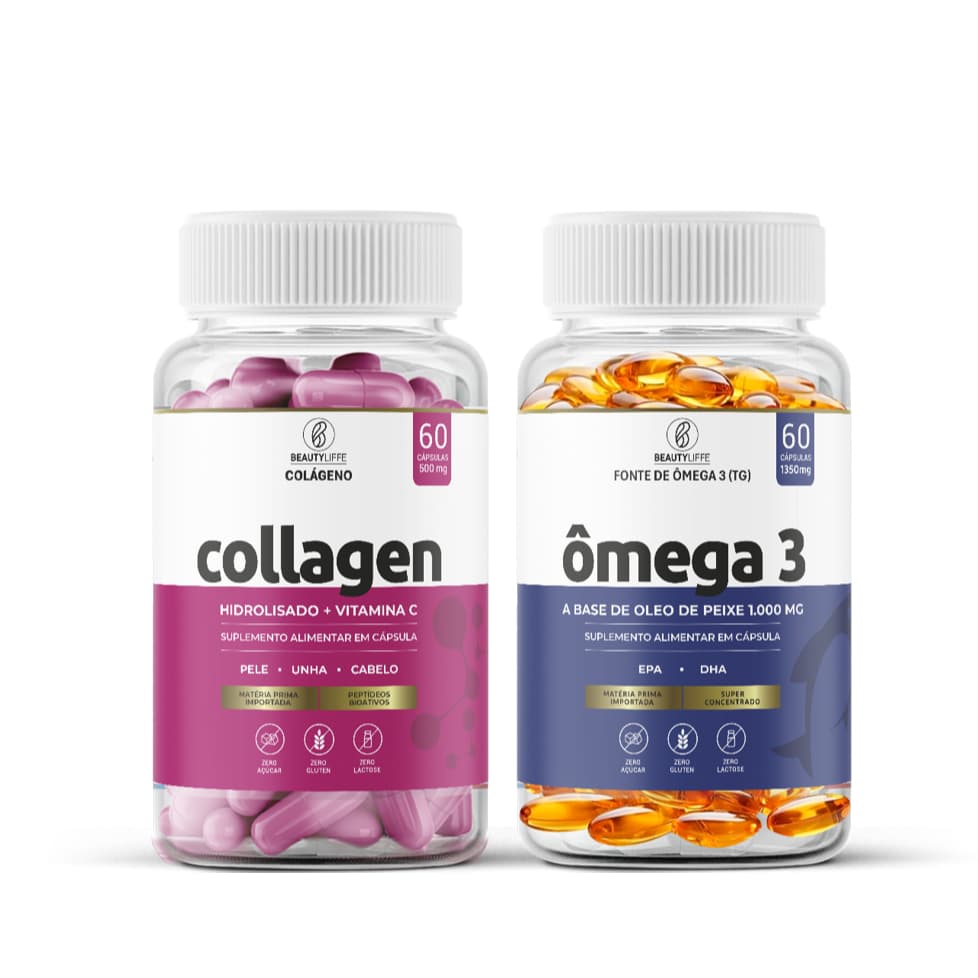 Kit Colágeno Hidrolisado com Vitamina C 60 Caps + Ômega 3 60 Caps. BeautyLiffe