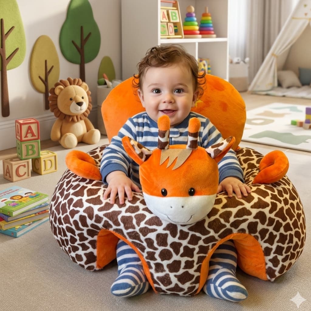 Assento Cadeirinha de Pelúcia Safari Fofinho Antialérgico 40cm Antiderrapante para Bebês