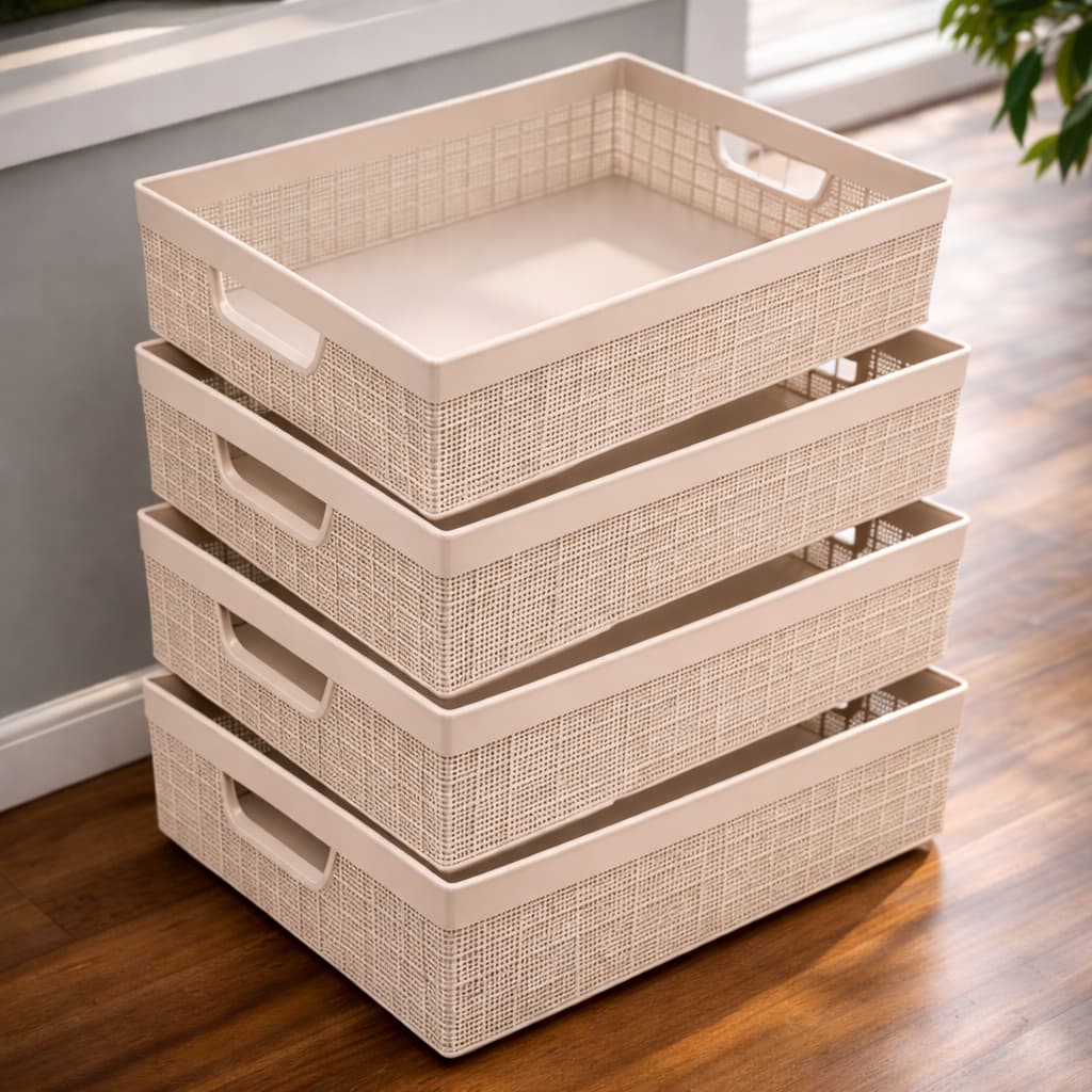 Kit 4 Cestos Organizadores 5,2 Litros Multiuso Empilhável Plástico Casa Cozinha Banheiro Rattan