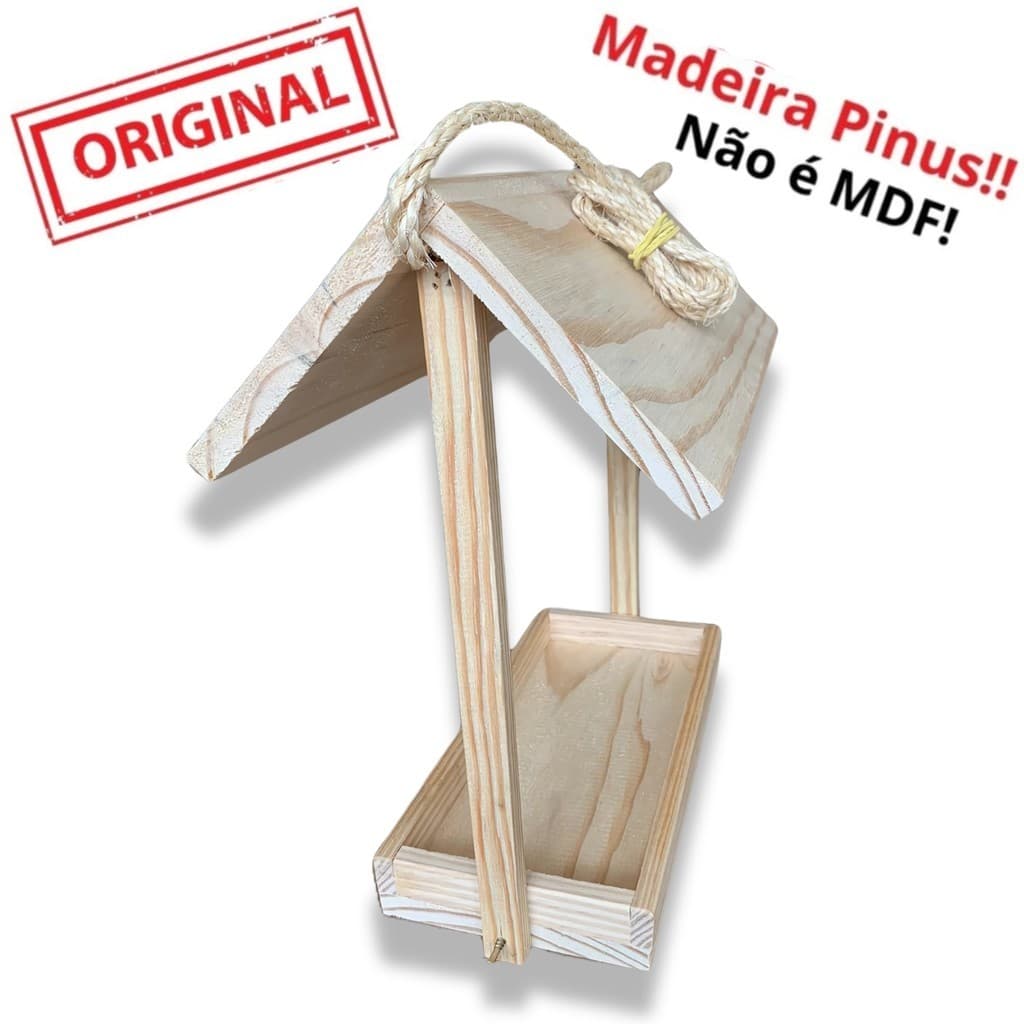 Comedouro Casinha para Pássaros em Madeira Pinus Ideal para Aves com Corda de Sisal