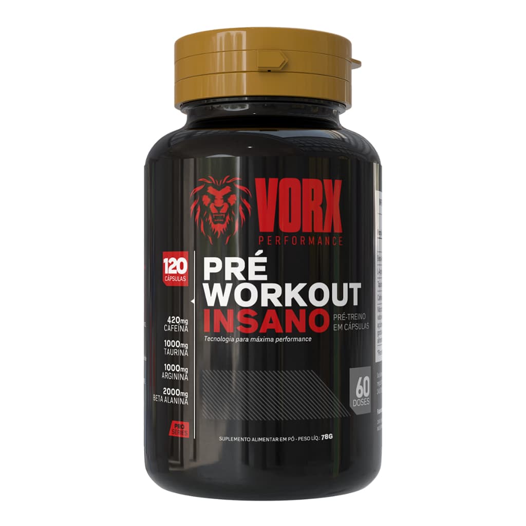 Pré Treino Insano 120 cápsulas Rende 60 doses Vorx - 400mg de cafeína e 2000mg de Beta Alanina - Pre Workout Completo