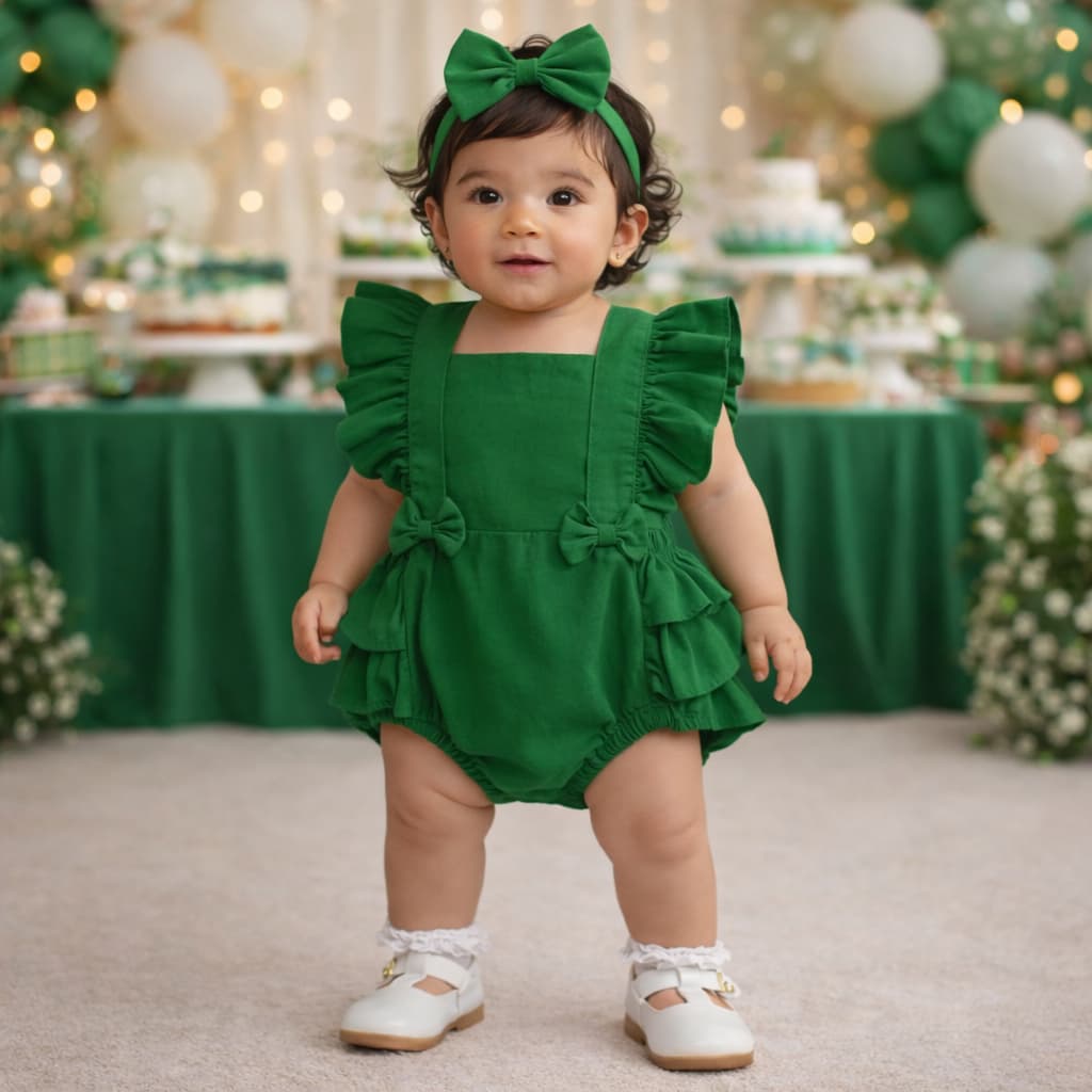 Romper Jardineira Verde Liso Body Roupa de Bebê Menina Festa Mesversário Fantasia Temática Para Ensaios Fotográficos