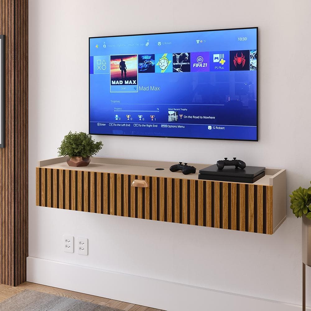 Rack Suspenso Ripado para TV Home 90cm Sala com Porta Basculante Suporte Parede Organizador de Fios