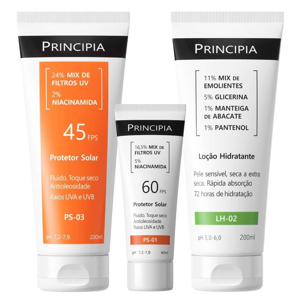 Principia Kit Praia Trio c/ Loçao Hidratante LH-02 + Protetor Solar Facial PS-01 FPS60 + Protetor Corporal PS-03 FPS 45
