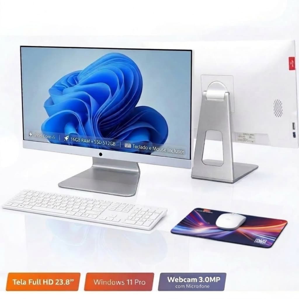 Computador All In One 23.8 Full HD Intel i5 16GB SSD 512GB Windows 11 Pro WiFi Webcam Completo