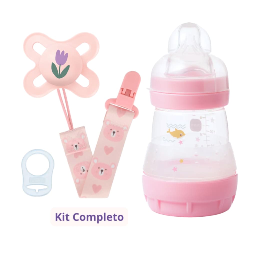 Kit Mamadeira 160ml Chupeta 0-2 MAM + Prendedor Buba Anel Adaptador silicone bebê Meninas Rosa Lilas