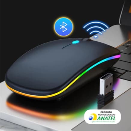 Mouse Sem Fio Recarregável Bluetooth 5.2 + 2.4GHz Led Rgb Silencioso Gamer Office