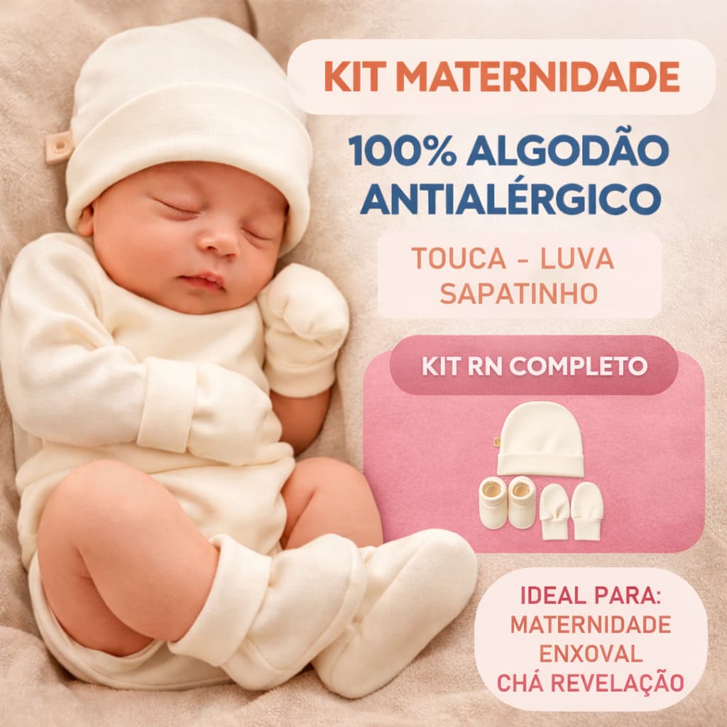 Kit RN Maternidade Bebê 100% Algodão Antialérgico Touca Luva Sapatinho Enxoval Completo