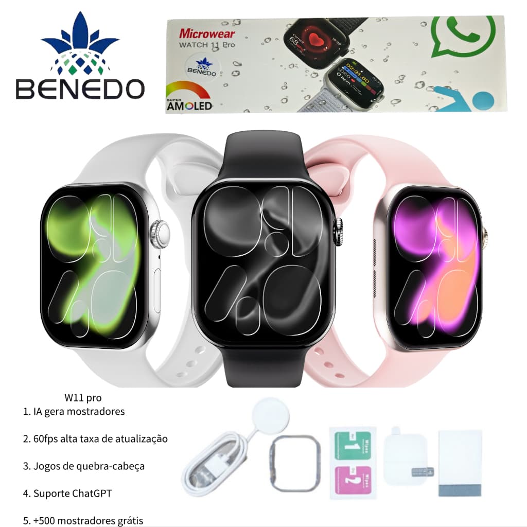 Smartwatch Relógio W11 Pro Series11 2026 2 Pulseiras ChatGPT 1GB Microwear Amoled 46mm IP68 GPS