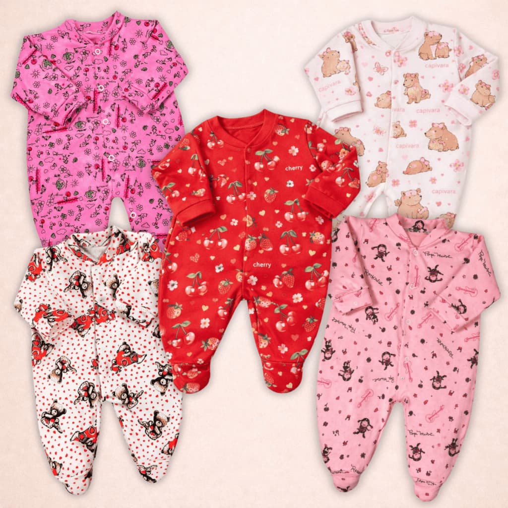 Kit 4 Peças Macacão Bebe Suedine Bichos 100% Algodão Menina