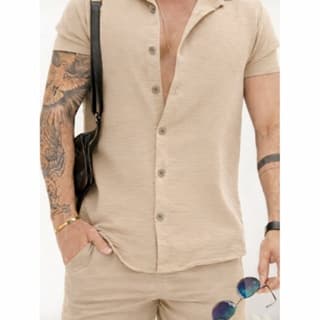 Camisa Social Masculina Manga Curta Slim Casual Elegante Tecido Duna Premium Leve Confortável Verão