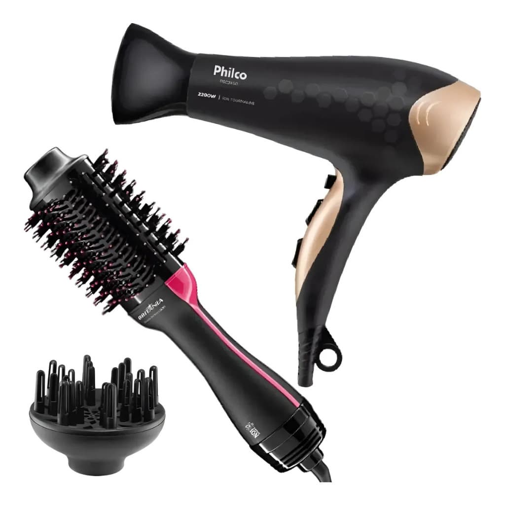 Secador De Cabelos Philco Profissional 2200w Bivolt + Escova Secadora Britânia Cerâmica 1300W + Difusor De Cachos Bivolt