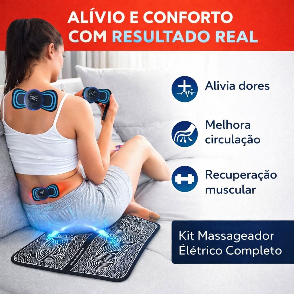 Massageador Elétrico EMS Portátil + Tapete Kit Completo Relaxamento Dor Muscular USB