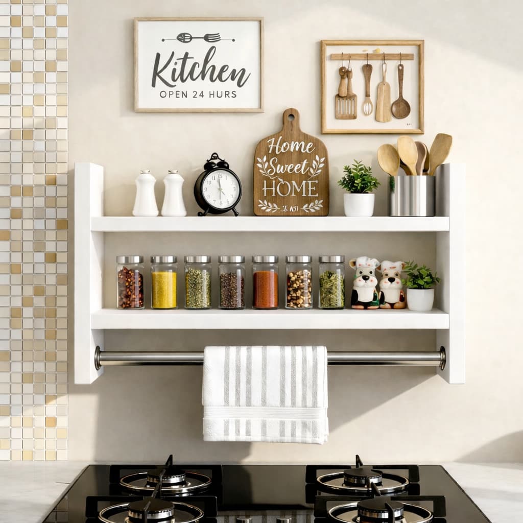 Porta Temperos MDF Branco Suporte Papel Toalha Prateleira Cozinha Organizador De Parede