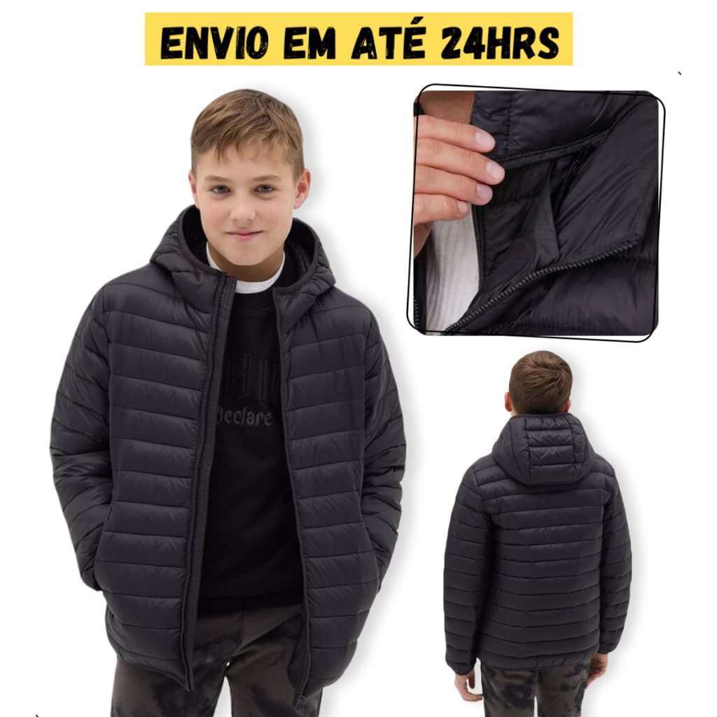 Jaqueta Bobojaco Puffer Masculina Infantil Preta Inverno Frio Neve Casaco Premium
