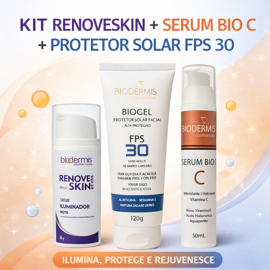 Kit Facial Renove Skin Iluminador e Sérum Vitamina C Bio e Protetor Solar FPS 30 Biodermis Anti-Idade