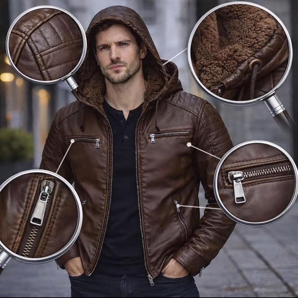 JAQUETA DE COURO MASCULINA COM CAPUZ REMOVIVEL FORRADA E PELUCIDA POR DENTRO INVERNO/FRIO