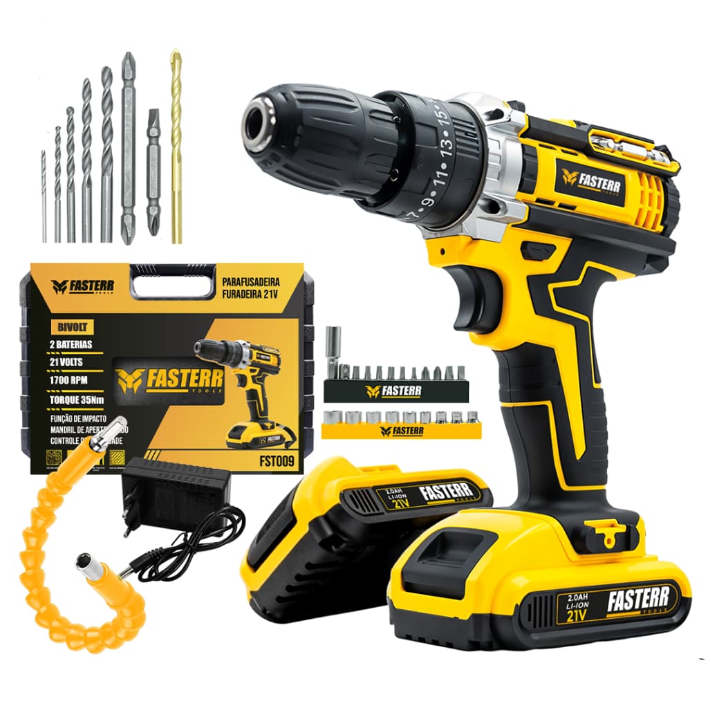 Furadeira Parafusadeira De Impacto 3/8 21V Com 2 Baterias + 29 Acessórios e Maleta FST009 -Fasterr