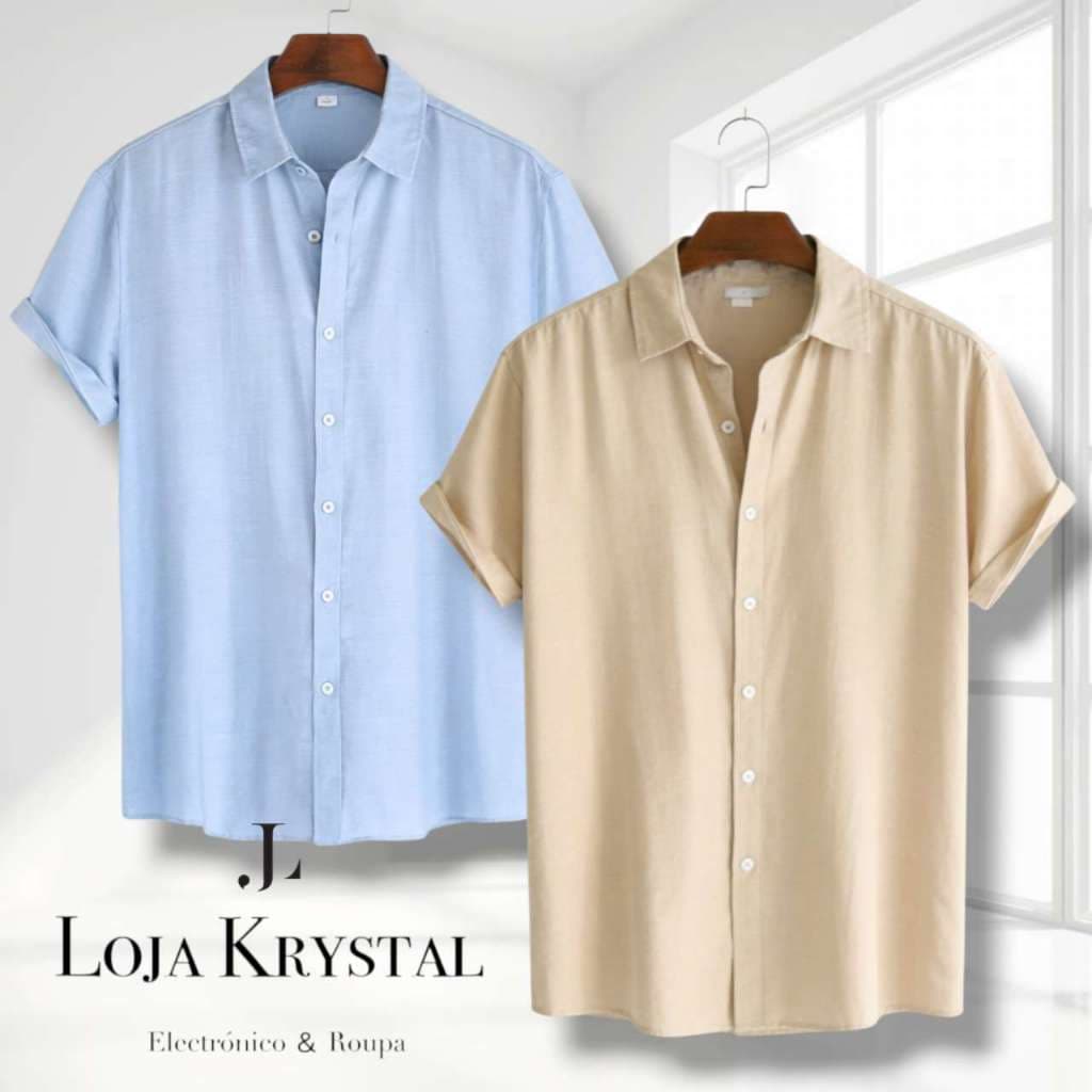 LK  Camisa Masculino ViscoLinho Manga Curta Social Casual Slim Fit Verão Elegante