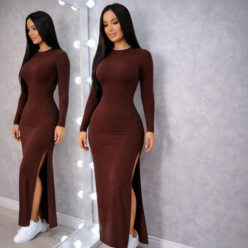 Vestido Longo Manga Longa Inverno Fenda Lateral Vestido Frio Casual Feminino Moda Malha Elegante