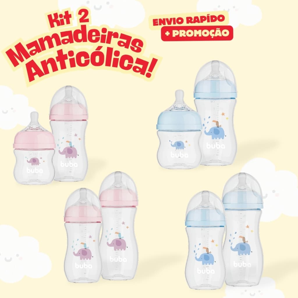 Kit 2 Mamadeira Easy Flow Mamadeira Anticólica Bico de Silicone Ultrasoft 120ml-270ml-330ml Buba