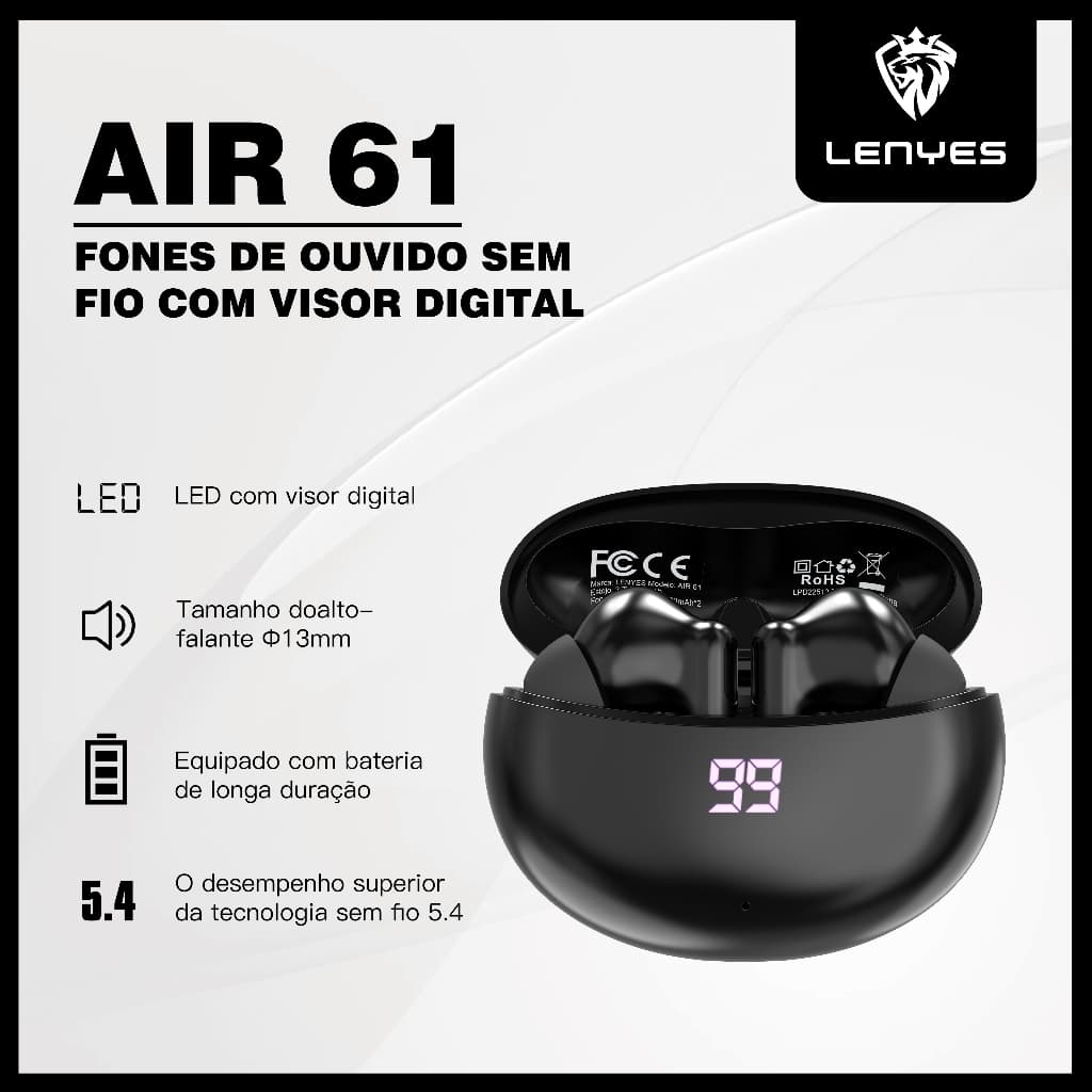 Fone de Ouvido Bluetooth 5.4 Sem Fio, Case Com Display Digital Fone de ouvido intra-auricular LENYES