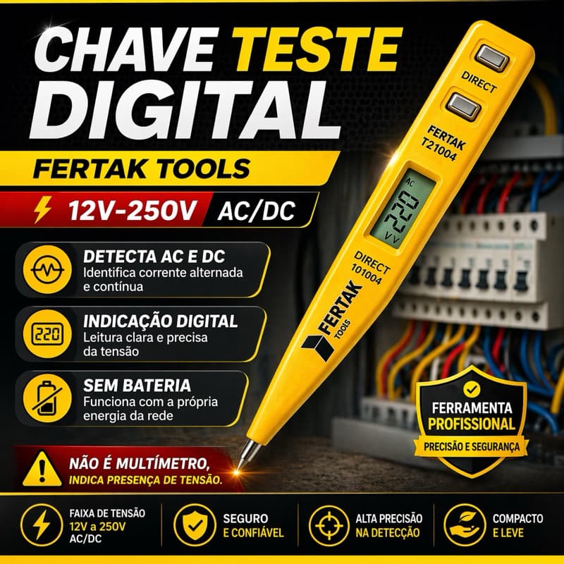 Chave Teste Digital Fertak Detector de Tensão AC/DC 12V a 250V