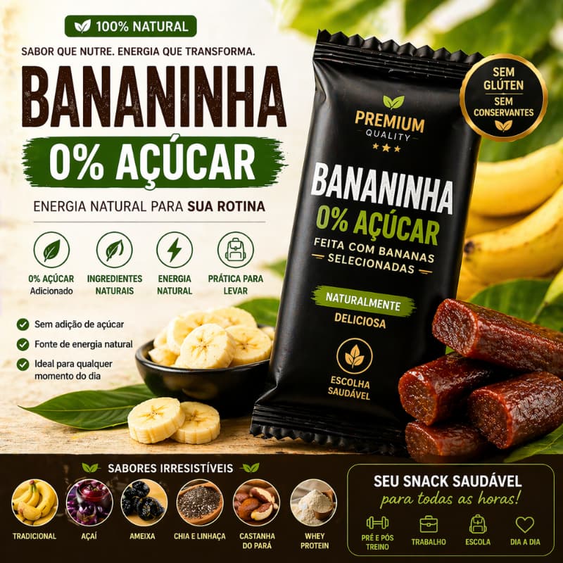 Bananinha Saudável Sem Açúcar Snack Barrinha Natural Energia caixa com 24 und