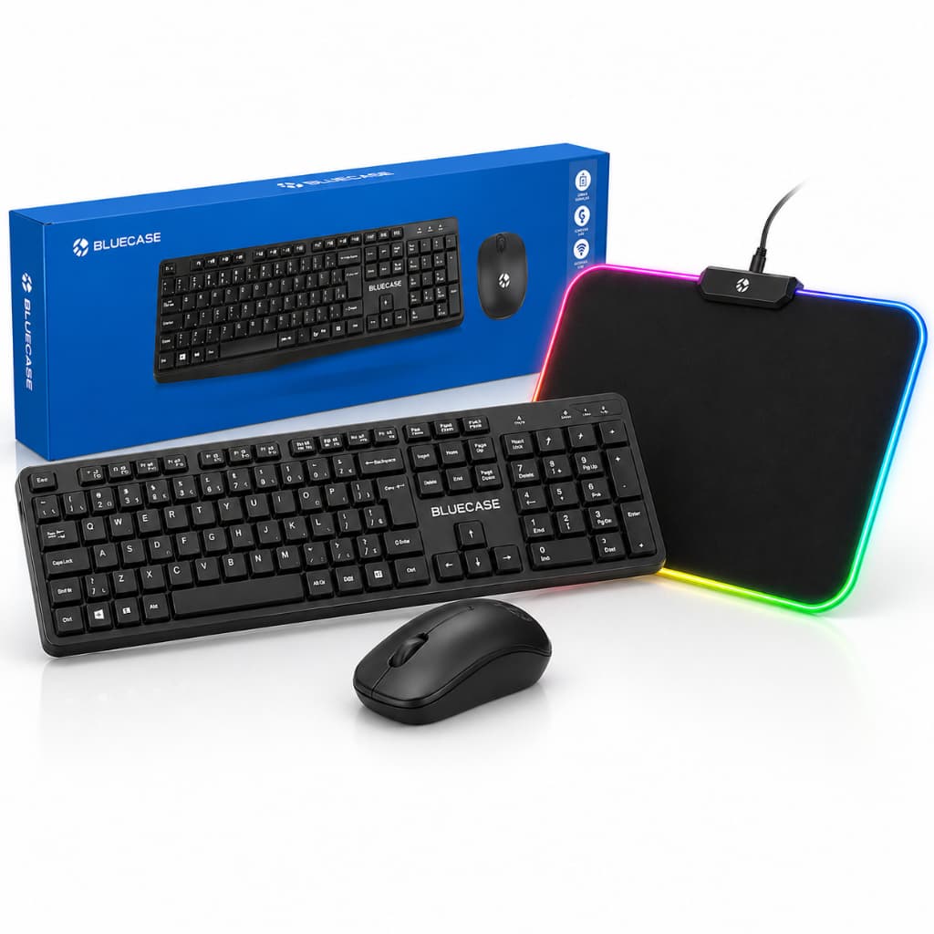 Kit Teclado Mouse Sem Fio Bluecase Preto + Mousepad LED RGB 25x35cm