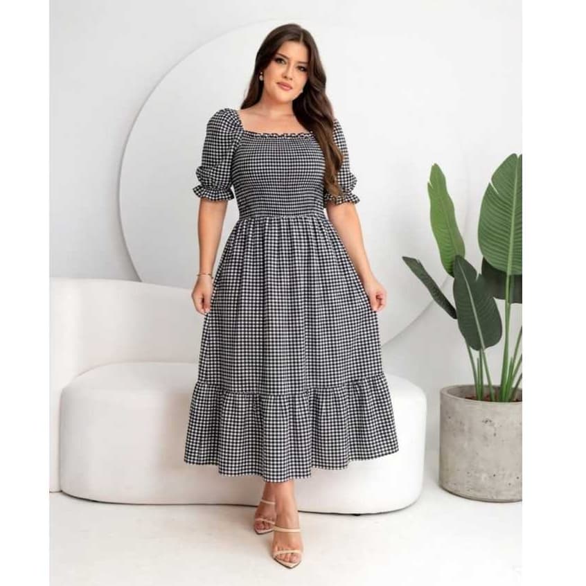 Vestido feminino Midi Xadrez Para Festa Junina com Manga Bufante y Busto Lastex