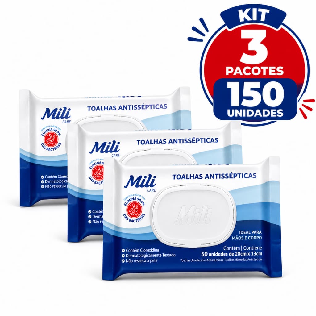 Kit 3 pacotes Lenço Umedecido Antisséptico Mãos e Corpo - Mili 50x3 (150 unid) - Tampa Flip Top