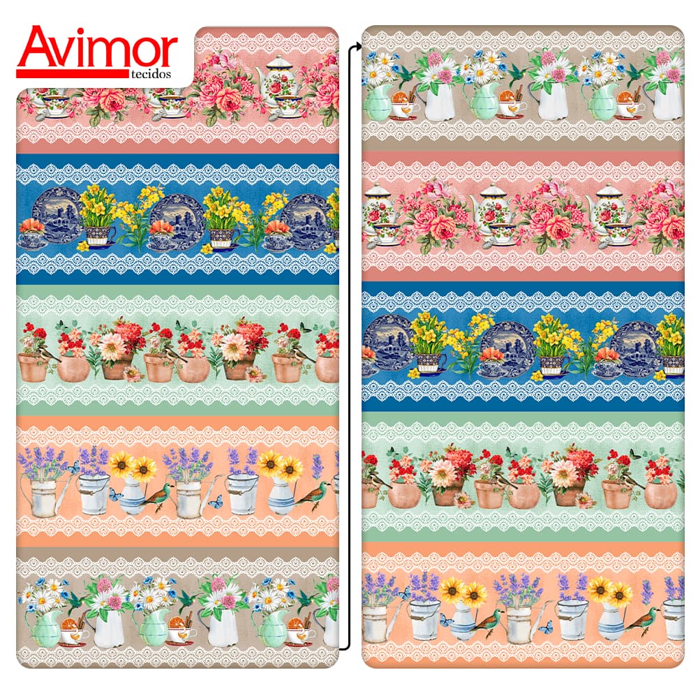 Tecido Tricoline Digital Barrados Festa Do Chá Com Flores Mesa 100% Algodão Patchwork Costura Prato