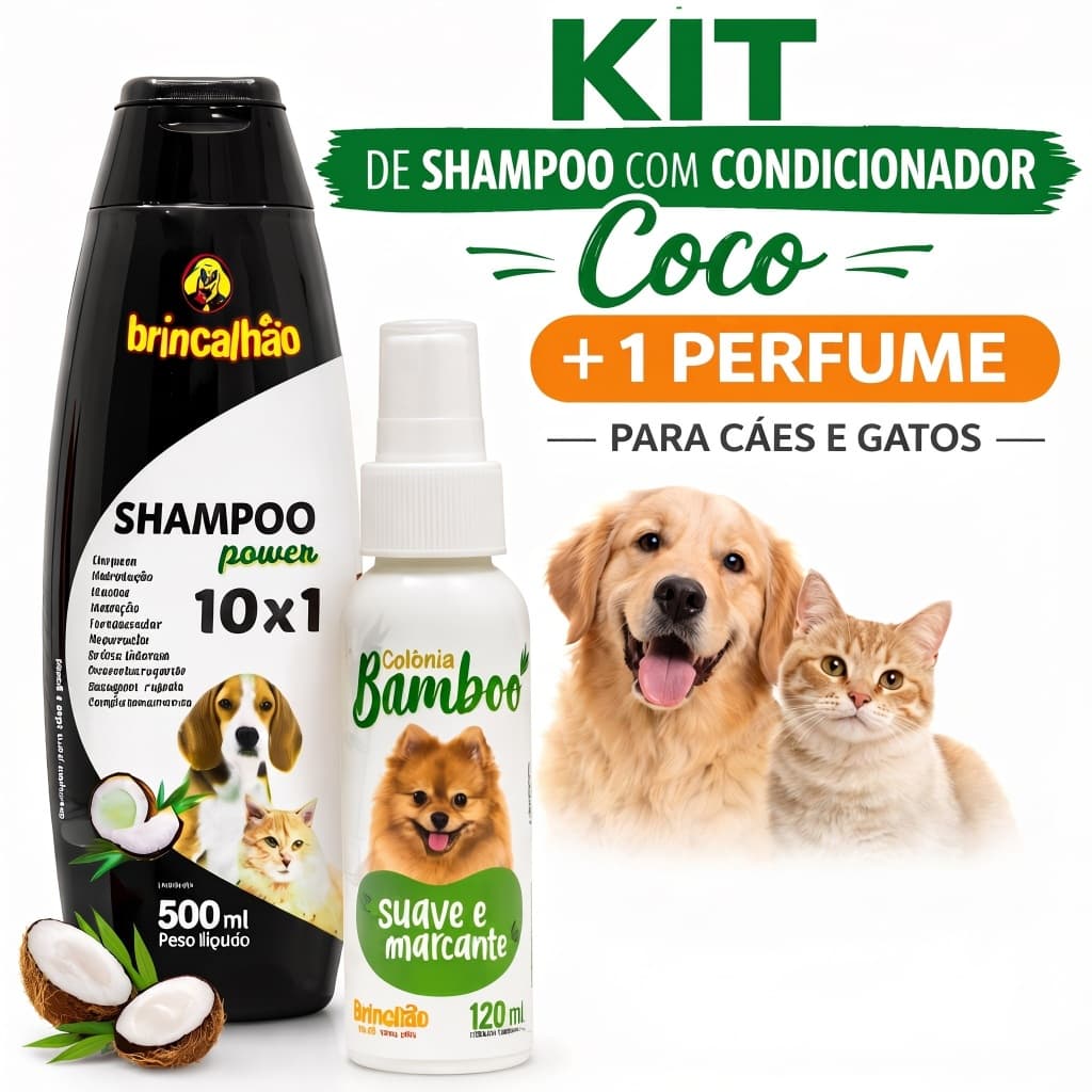 Kit 1 Shampoo com Condicionador Coco 1 Perfume Para Cachorro Gato Brincalhão