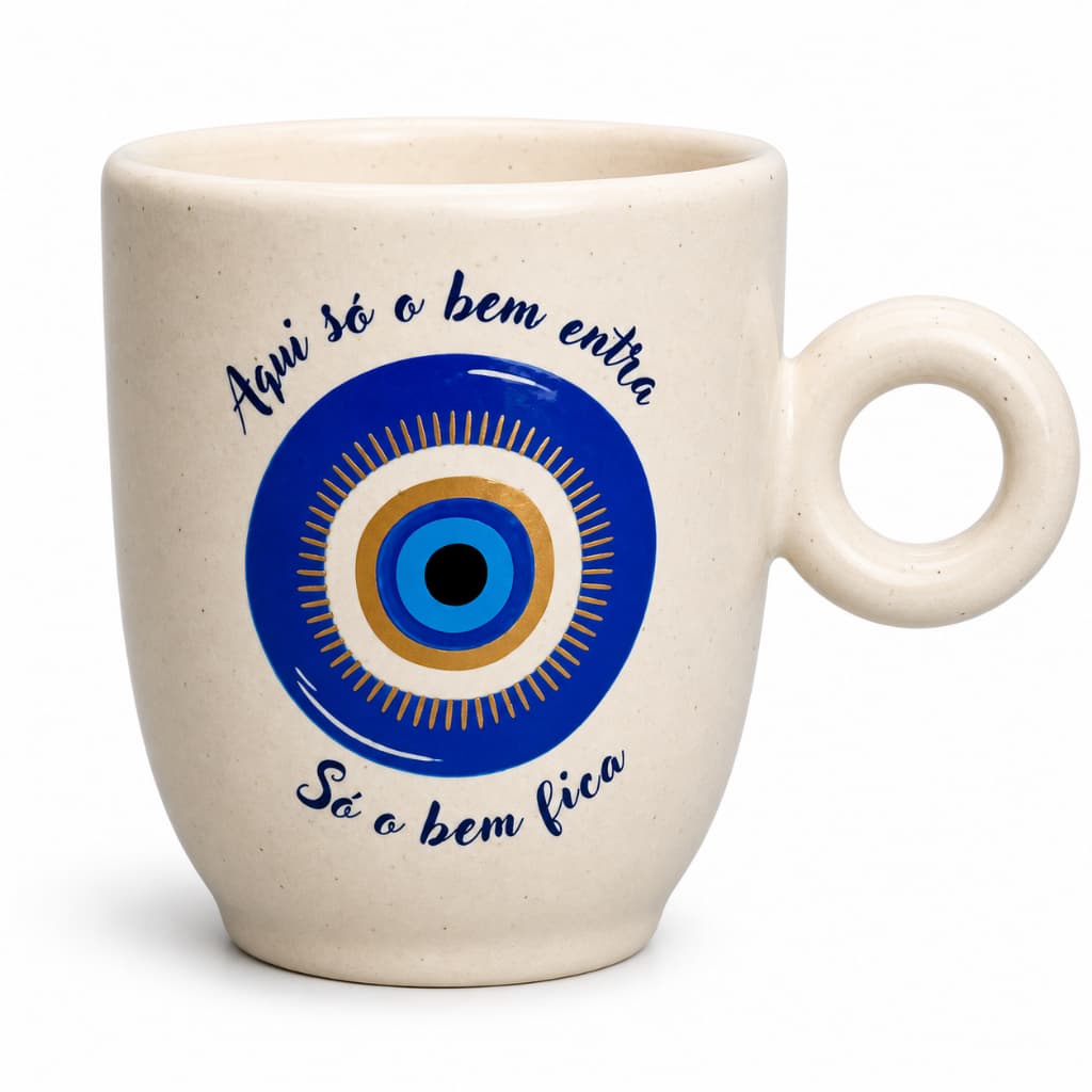 Caneca Bojuda Duo Olho Grego Azul 230ml Cerâmica | Proteção Amuleto Energia Chá Café Decorativa