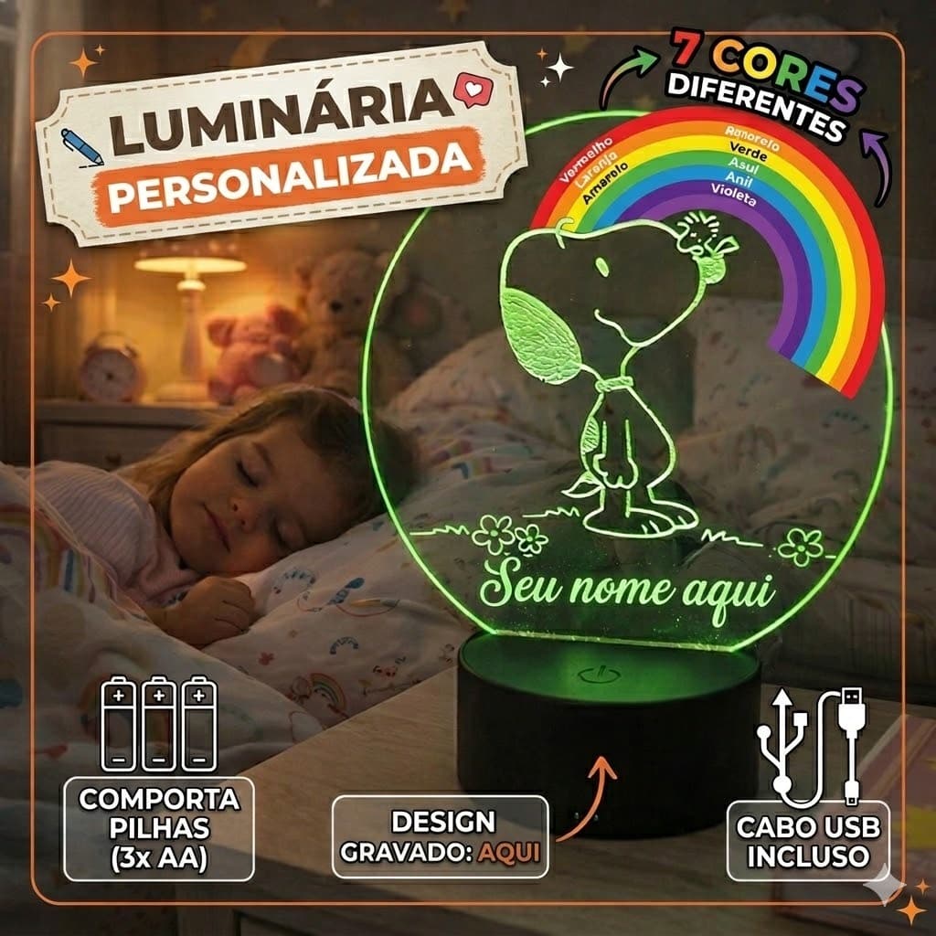 Luminária LED Snoopy Personalizada - Luminária infantil quarto de criança - led luminoso