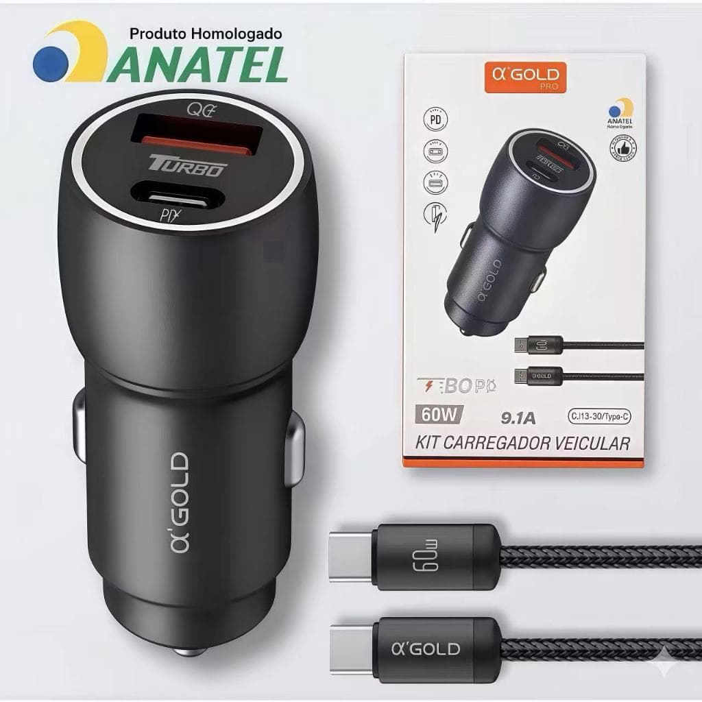 Carregador Veicular CarroTurbo 60W USB + TIPO C Para Android e iPhone Carregamento Rápido A’GOLD