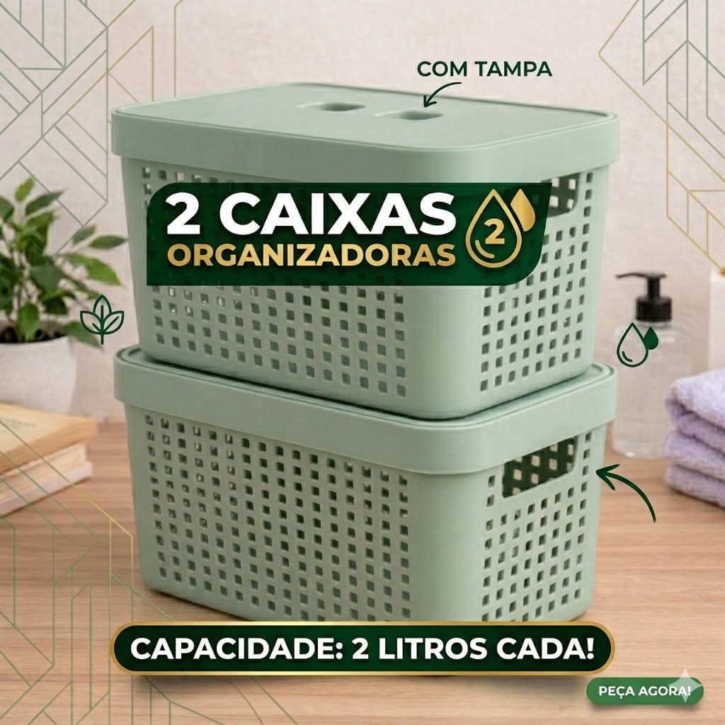 Kit 2 Caixas Organizadoras Cesto C/ Tampa Plástico Resistente Multiuso Banheiro Cozinha 2 a 17 Litros