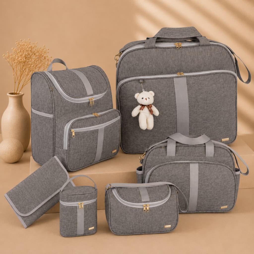 Kit Bolsa Maternidade 6 Peças com Mochila 2 em 1 Porta Mamadeira Térmico e Trocador AMOR