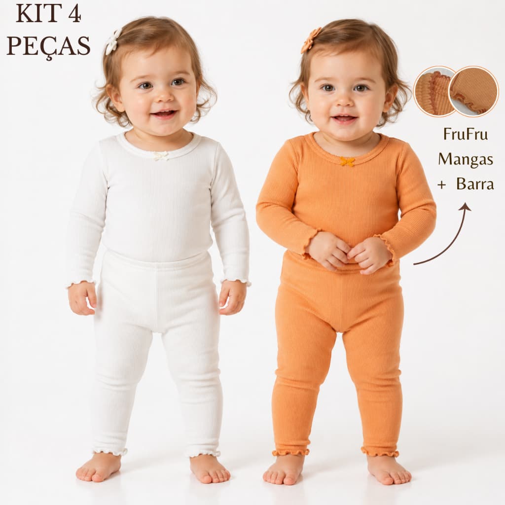 Kit 4 Peças  Body E Calça FruFru E Laço Ribana Canelado Mijão Pagão  Roupa Para Bebe Menina Conforto